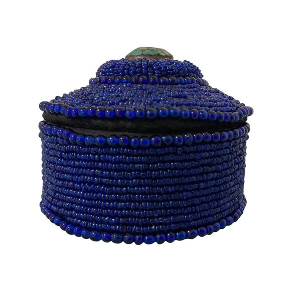 Blue Beaded Trinket Box With Turquoise Mosaic Top - Picture 5 of 9